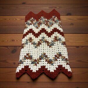 Vintage Crocheted Table Runner Or Wall Hanging Decor Autumn Fall Brown Red White